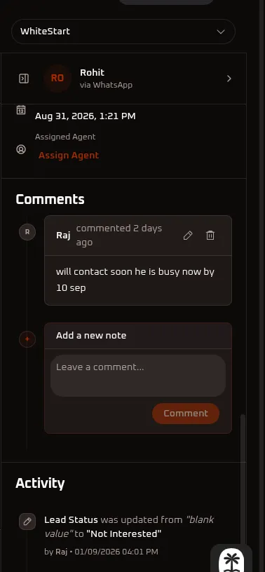 Whitestart Inbox Feed lead status