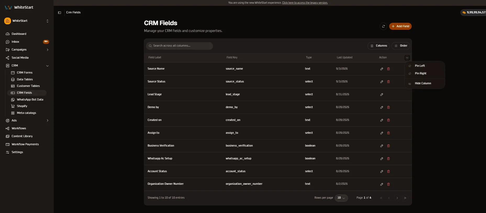 Action Column Menu