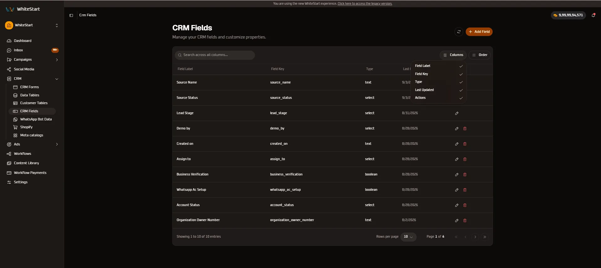 Columns Visibility Menu