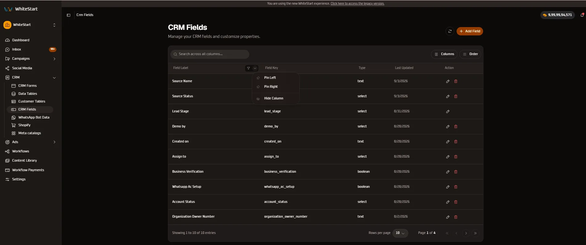 Field Label Column Menu