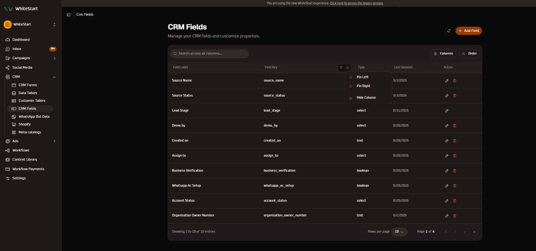 Field Key Column Menu