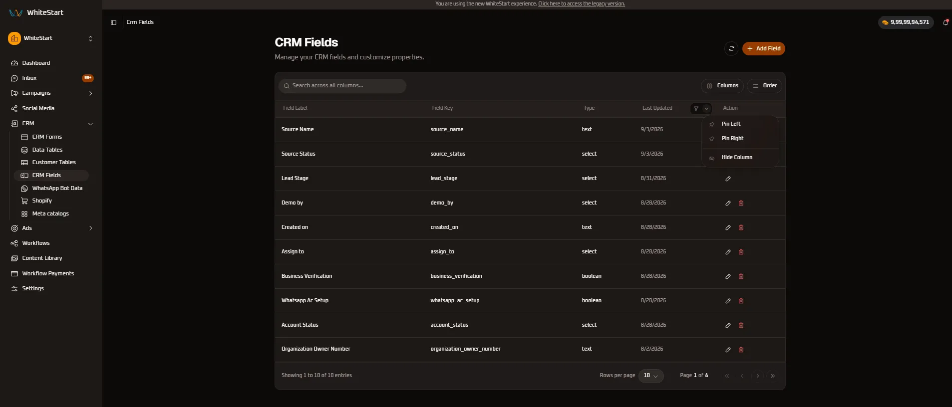 Last Updated Column Menu