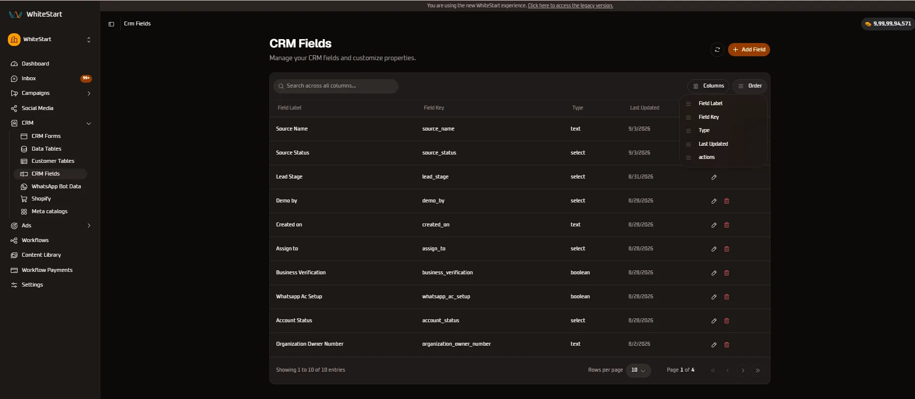 Order Columns Menu