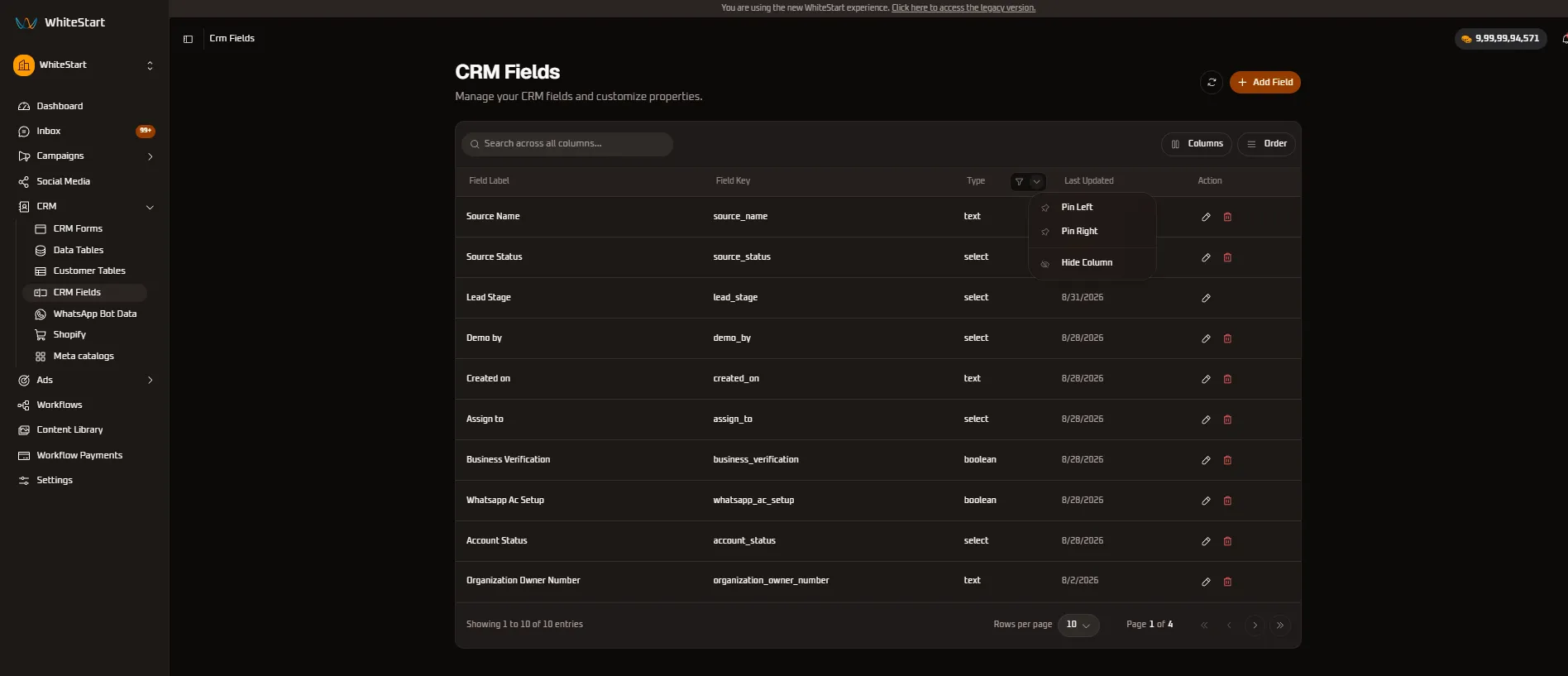 Type Column Menu