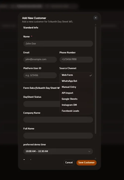 Add New Customer Modal - Standard Info &amp; Source Channels