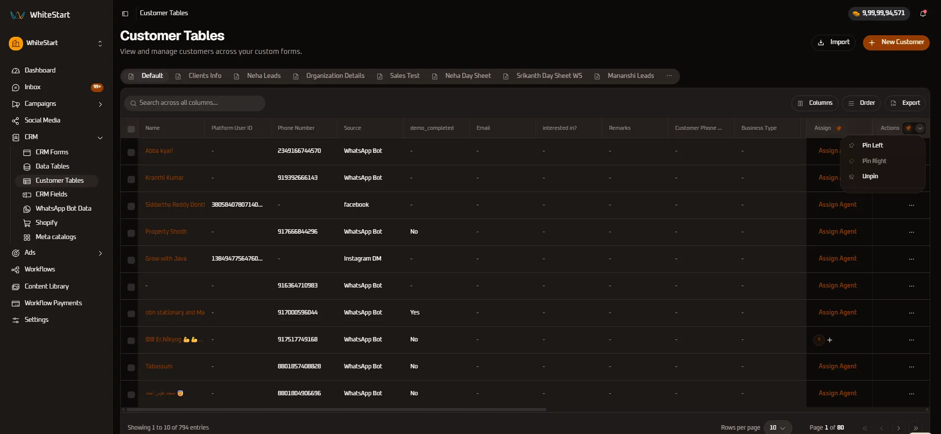 Actions Column Controls