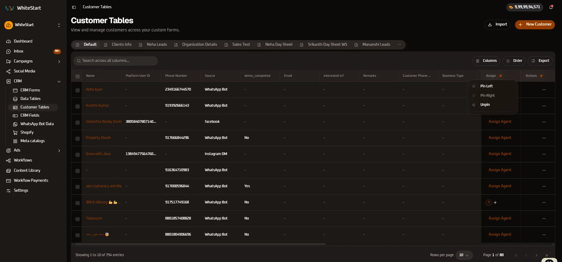 Assign Agent Column Controls