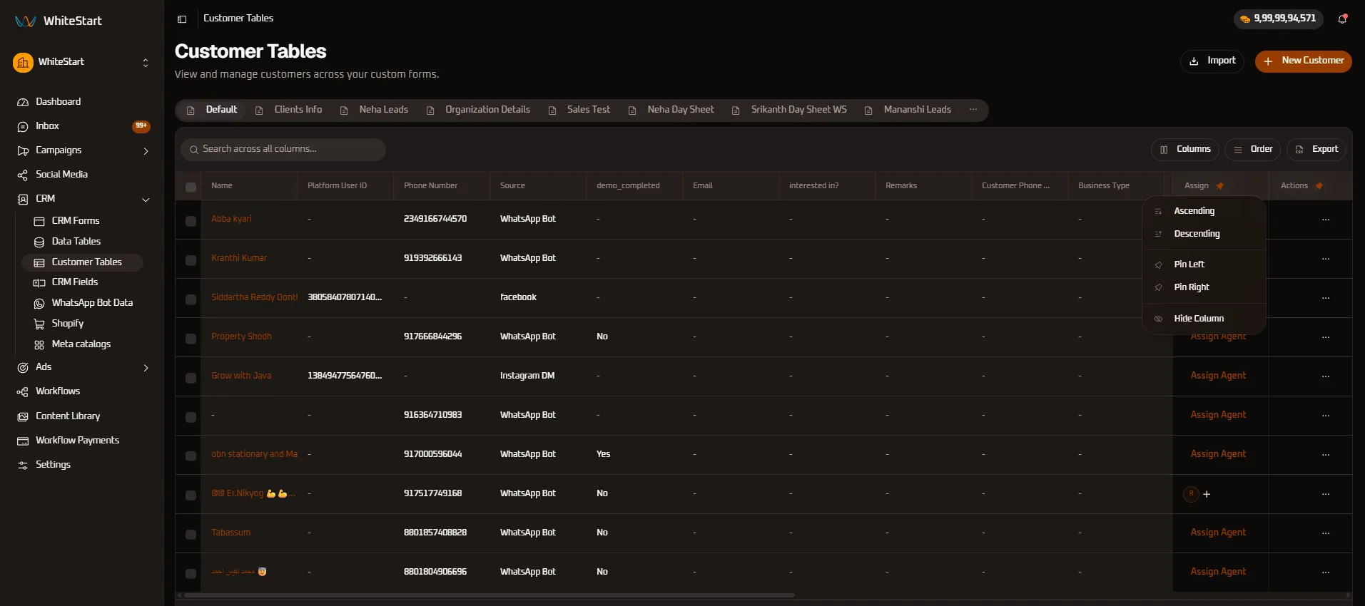 Business Type Column Controls