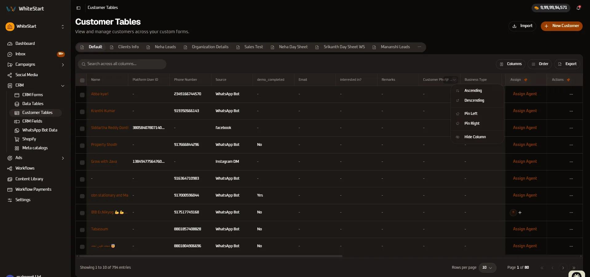 Customer Phone Numbers Column Controls