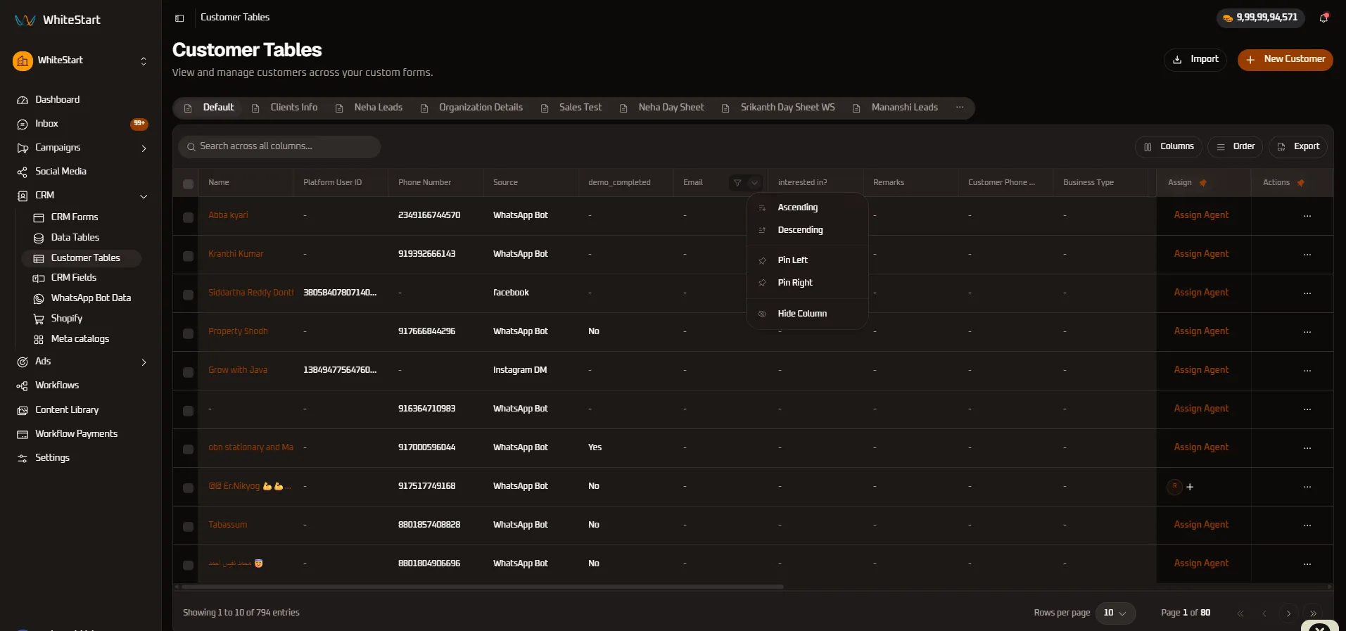 Email Column Controls