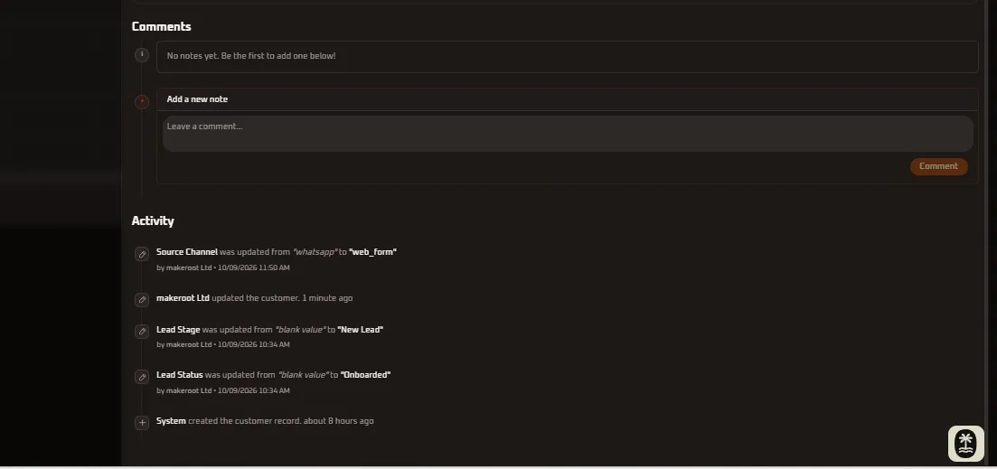 Customer Comments and Activity Timeline