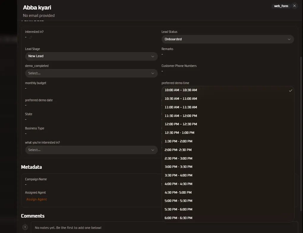 Preferred Demo Time Dropdown