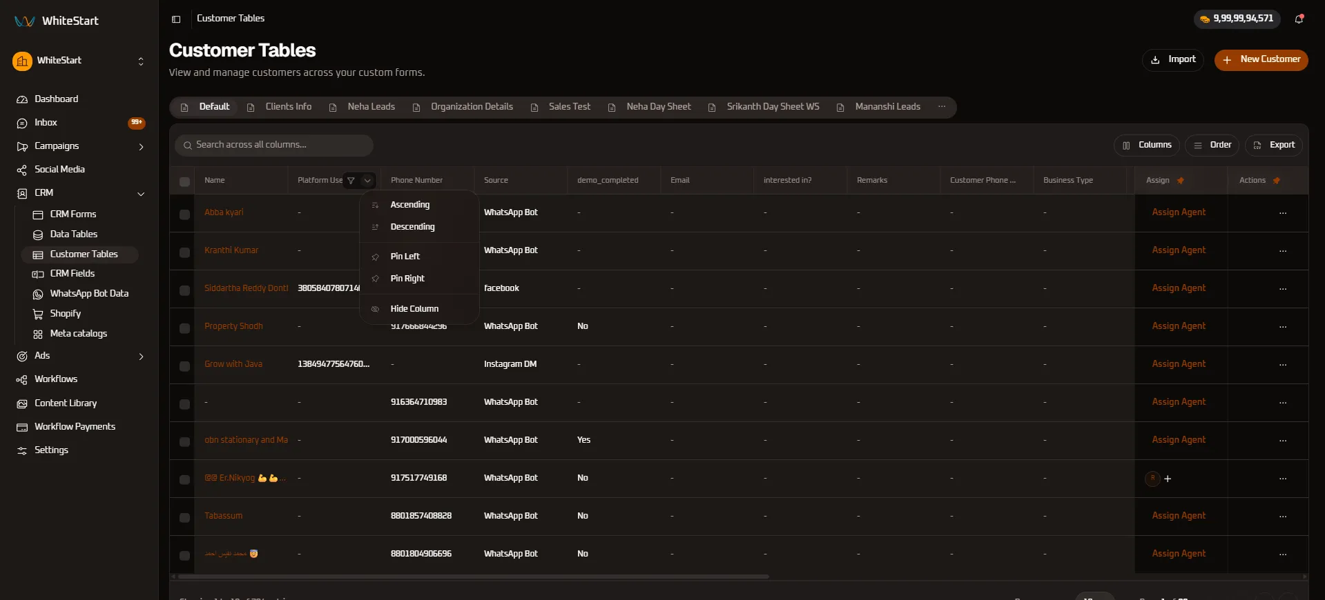 Platform User ID Column Controls