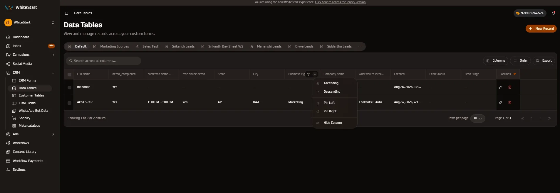 Business Type Column Controls