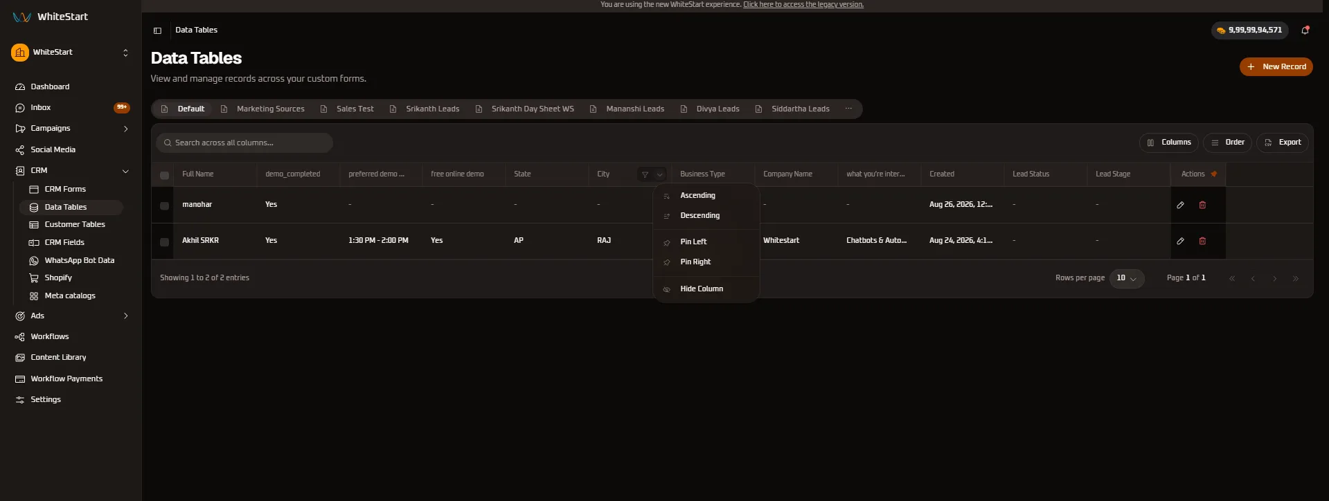 City Column Controls
