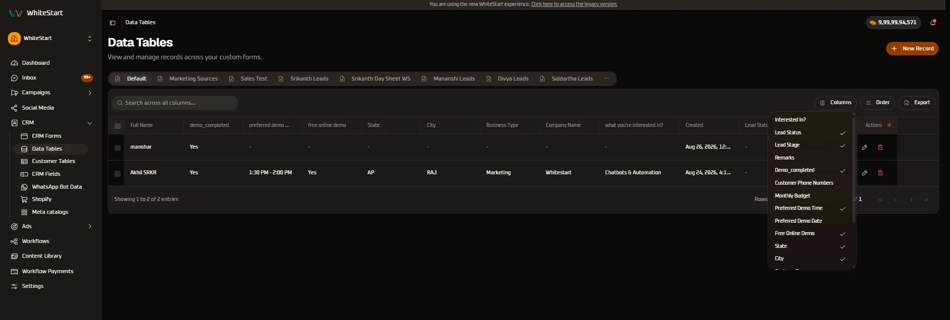 Columns Visibility Selector
