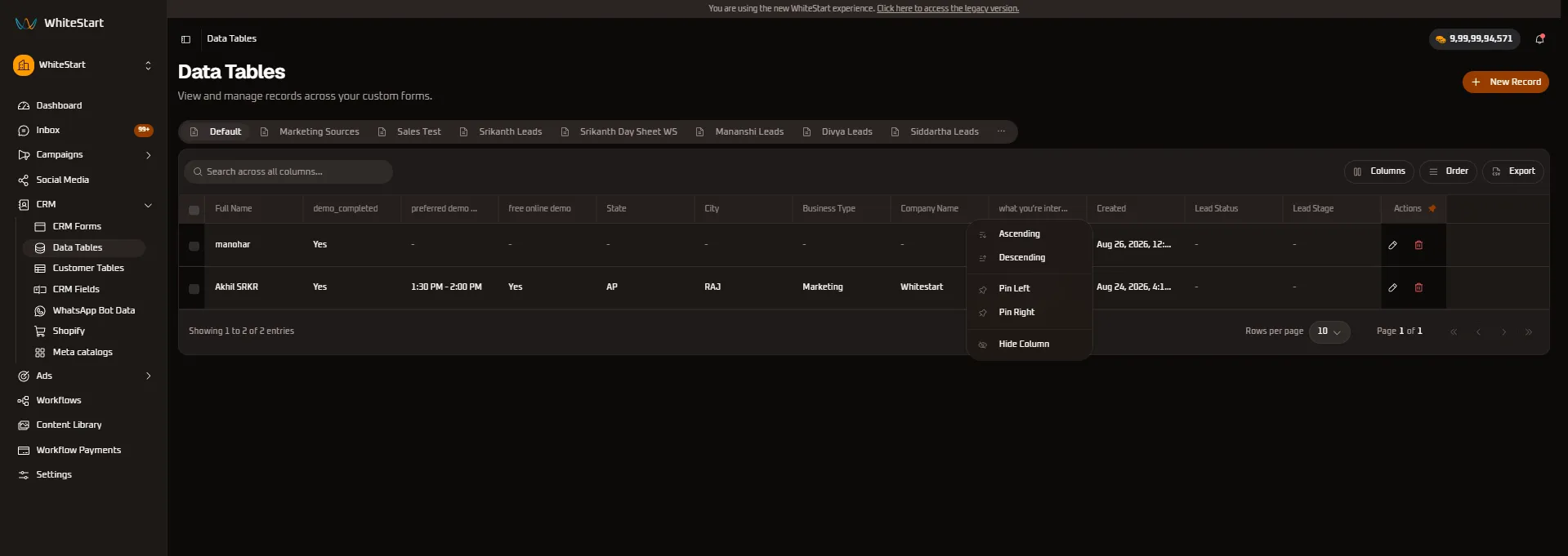 Company Name Column Controls