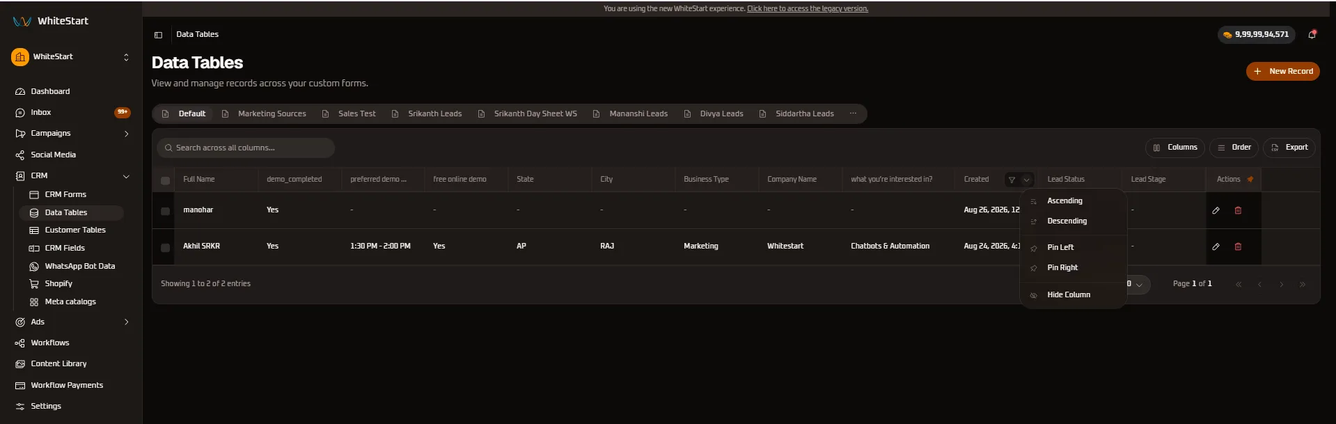 Created Timestamp Column Controls