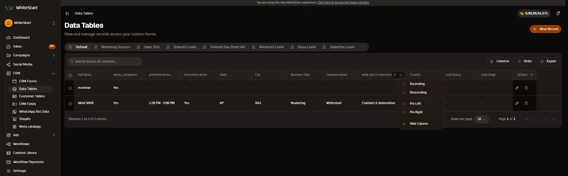 Service Interest Column Controls