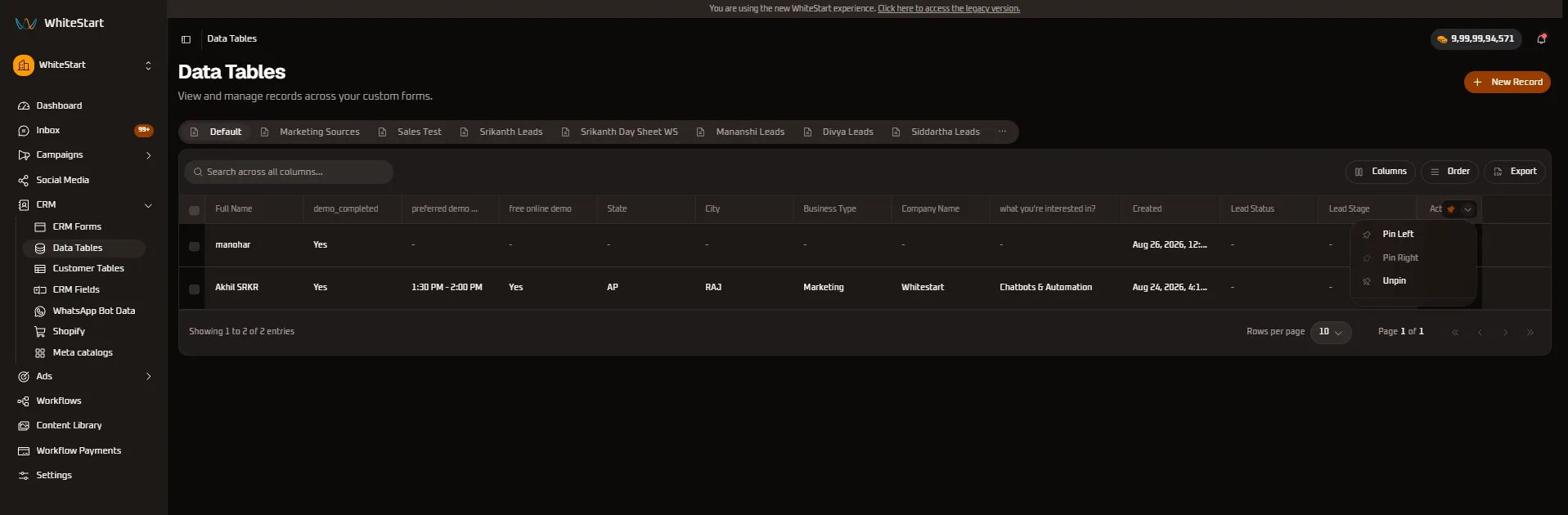 Actions Column Controls