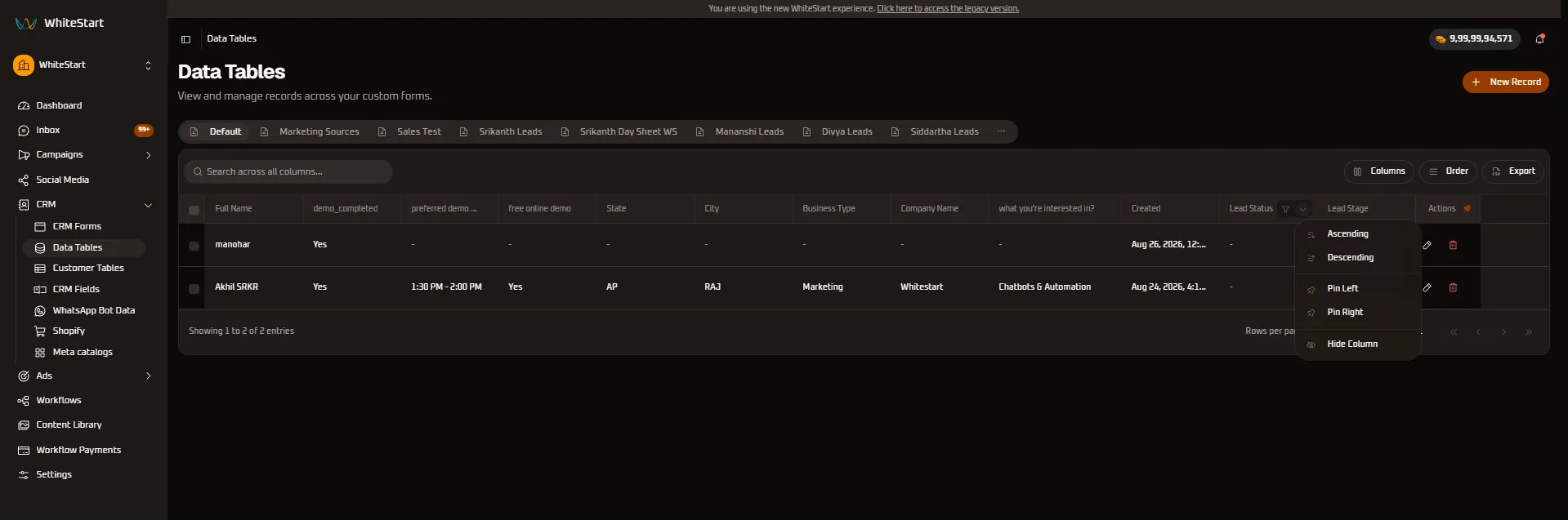 Lead Status Column Controls
