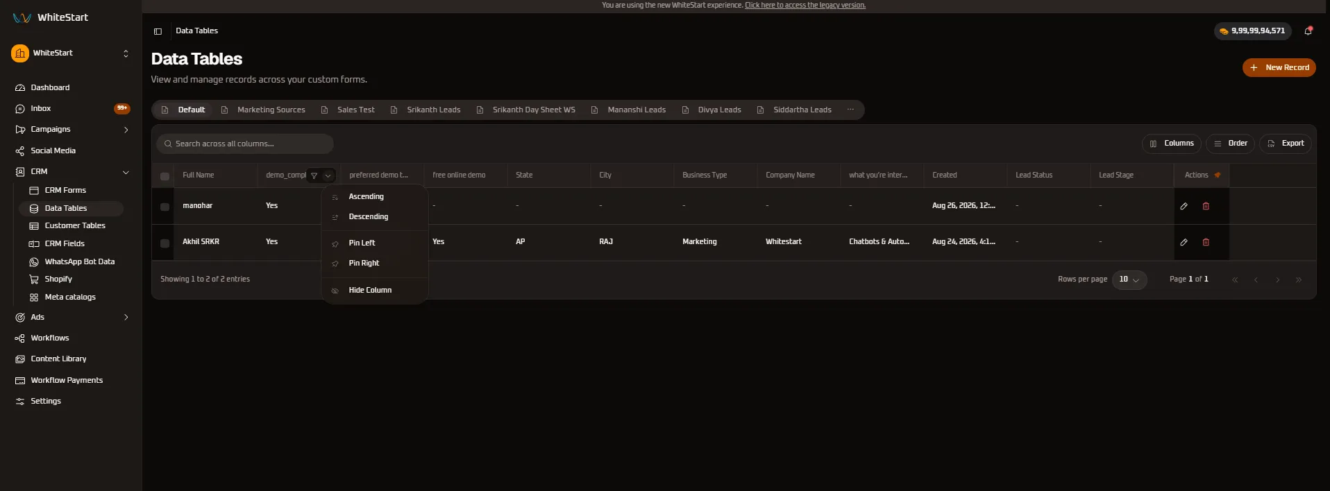 Demo Completed Column Controls