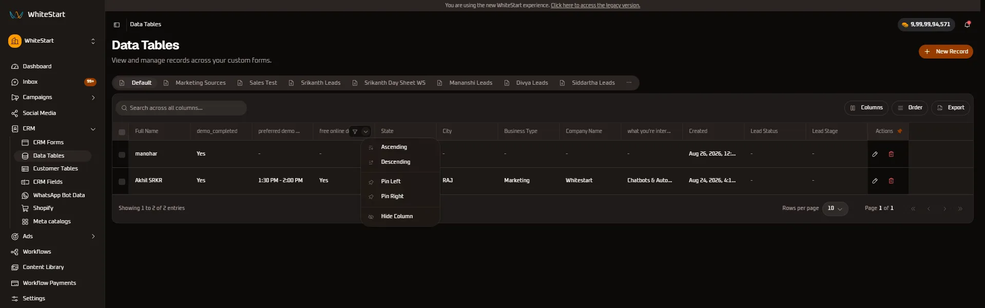 Free Online Demo Column Controls