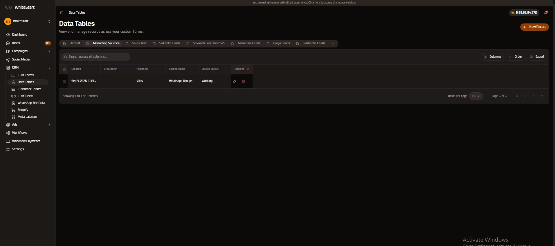Marketing Sources Tab
