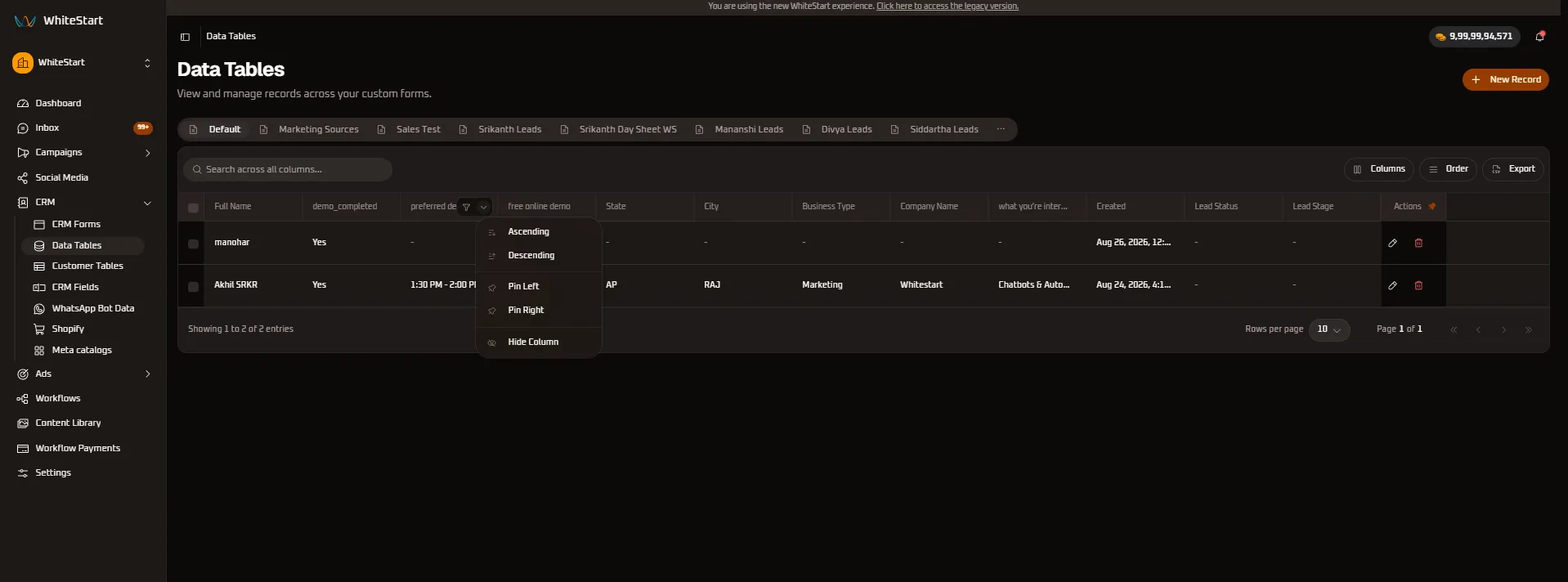 Preferred Demo Time Column Controls
