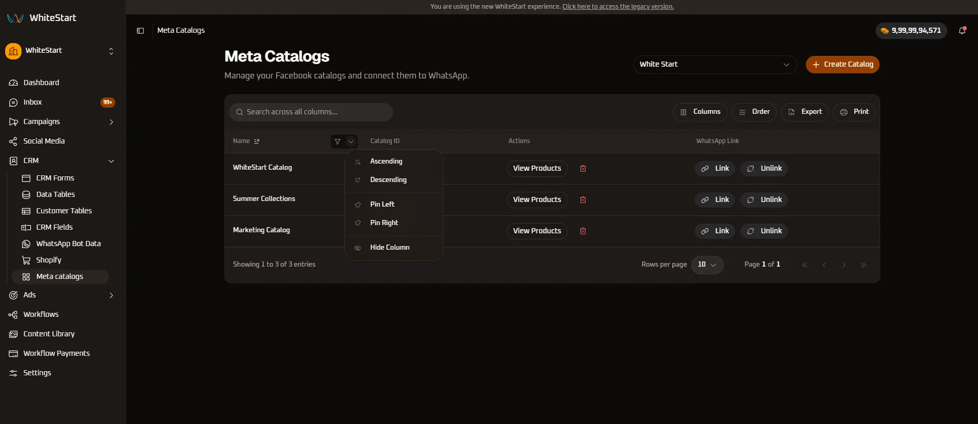 Name Column Menu