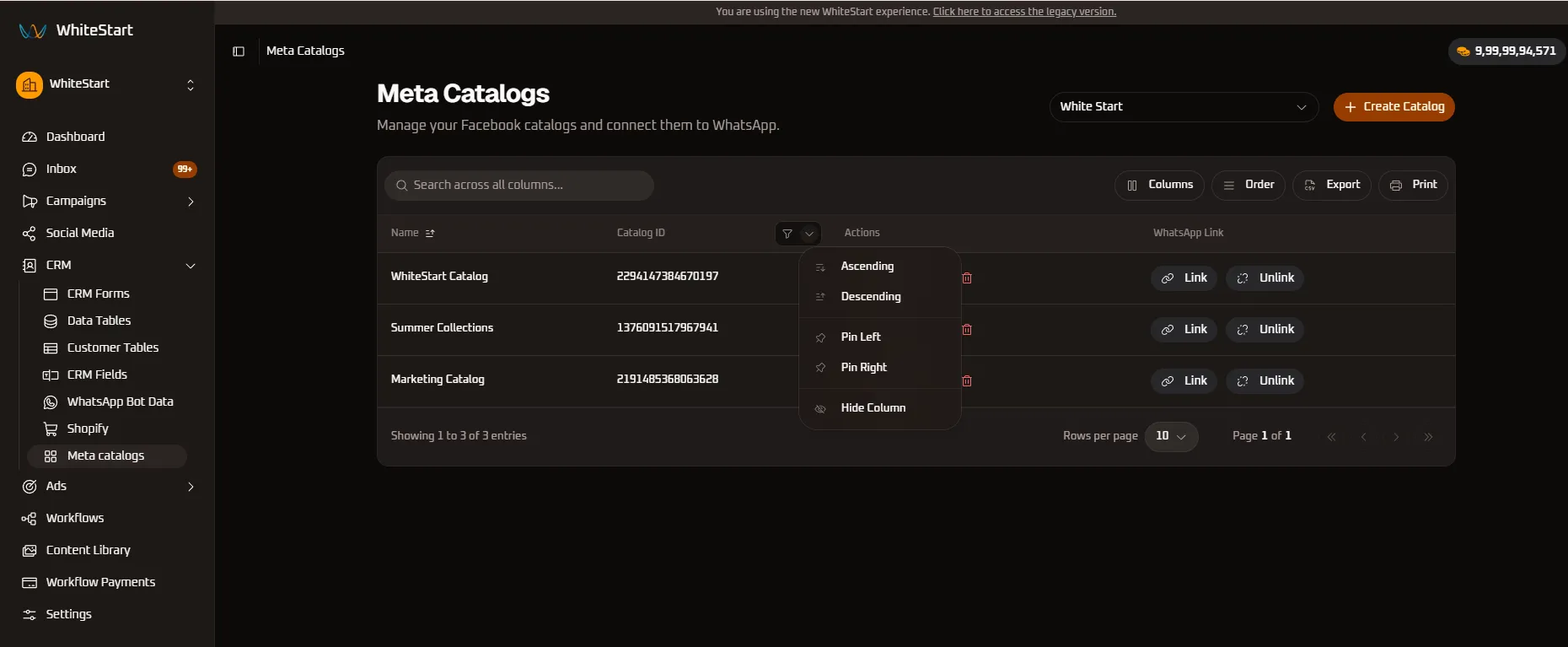 Catalog ID Column Menu