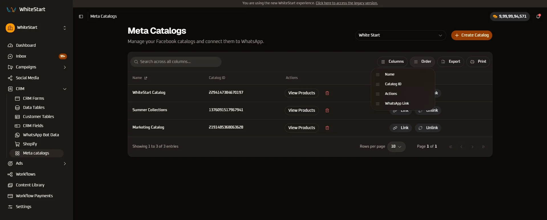 Order Columns Menu