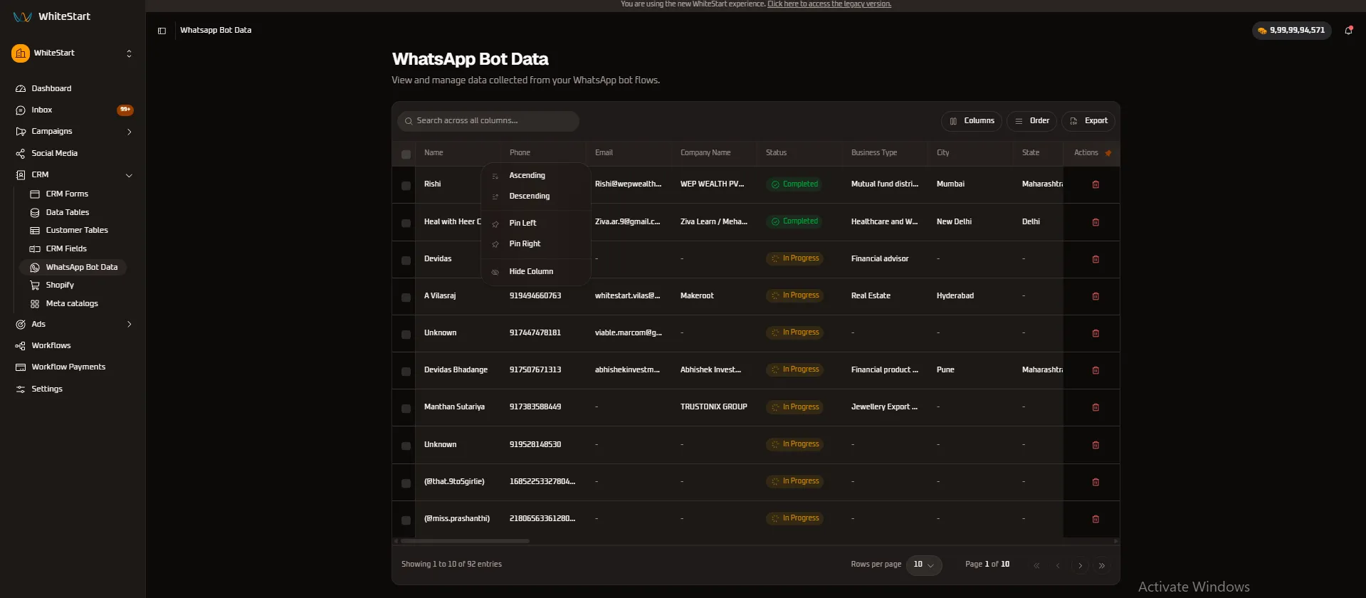 Name Column Menu