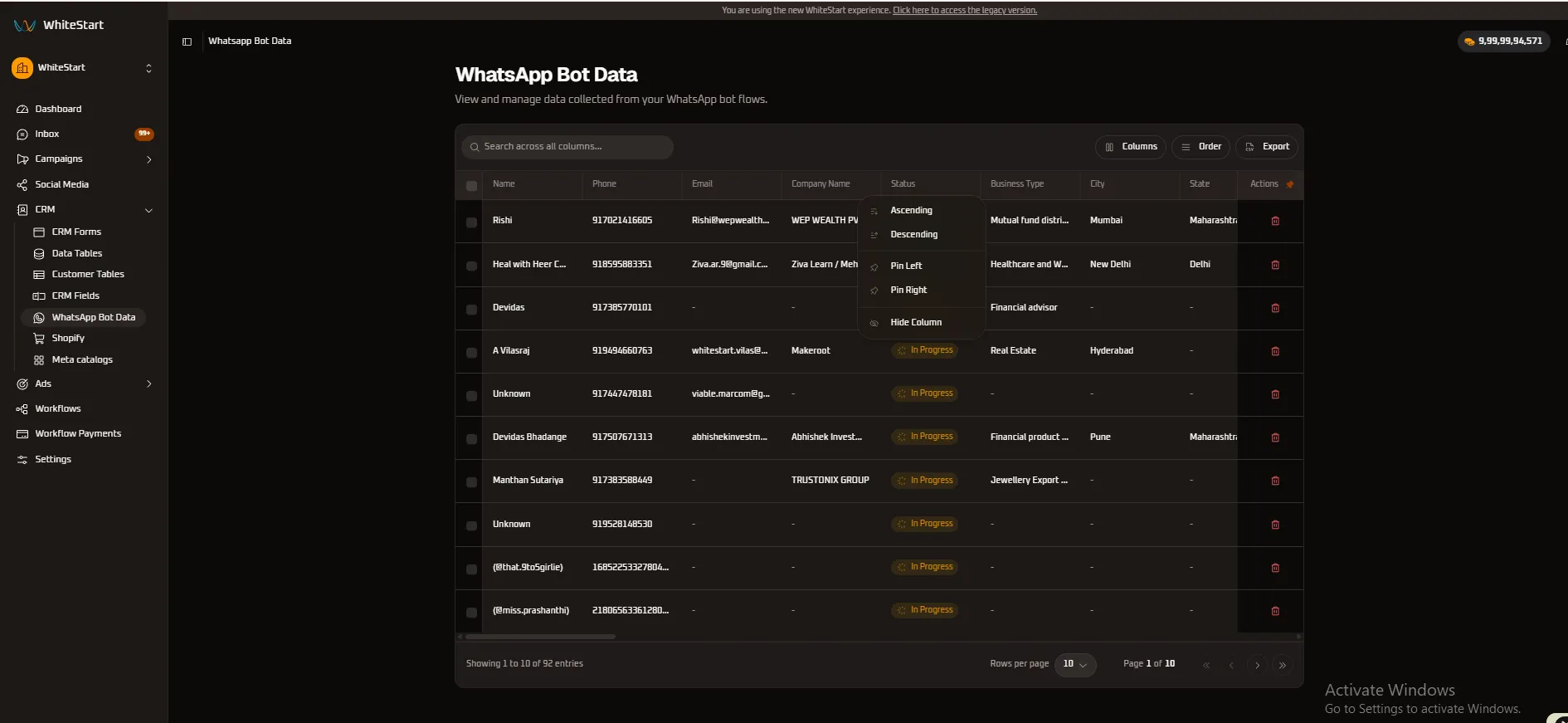 Company Name Column Menu