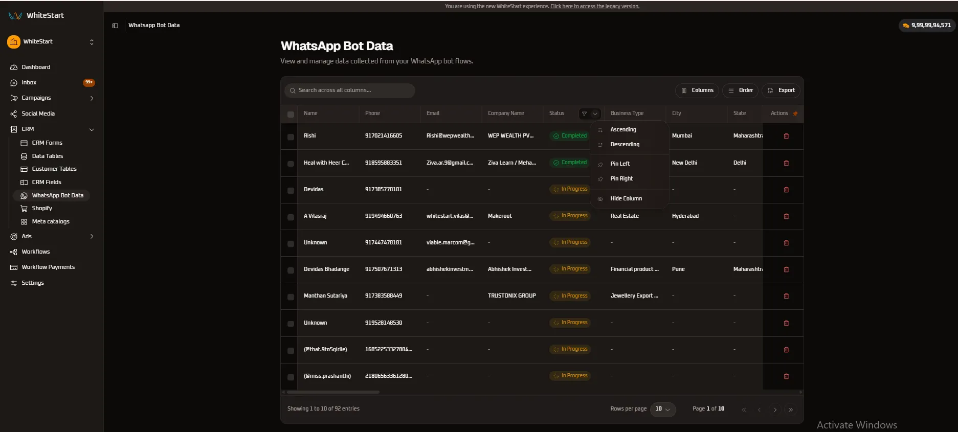 Status Column Menu