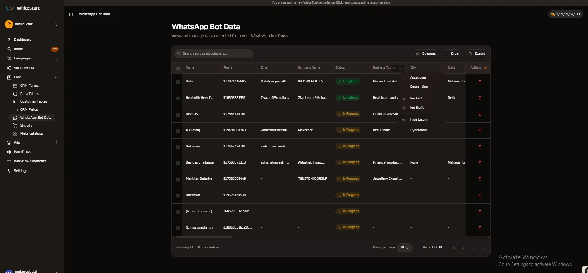 Business Type Column Menu
