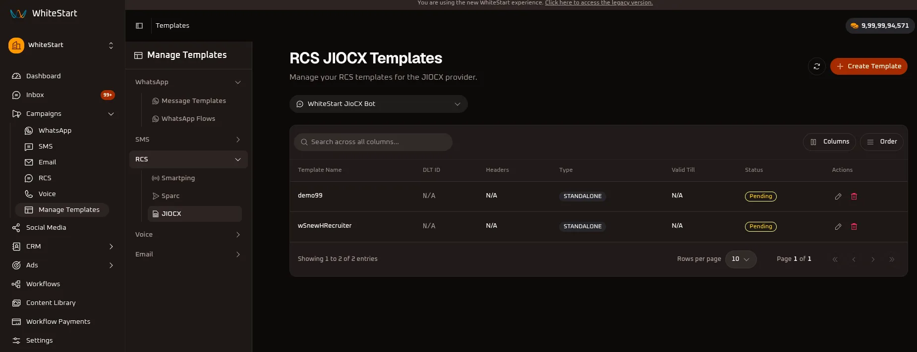 WhiteStart Manage JIOCX RCS Templates Overview