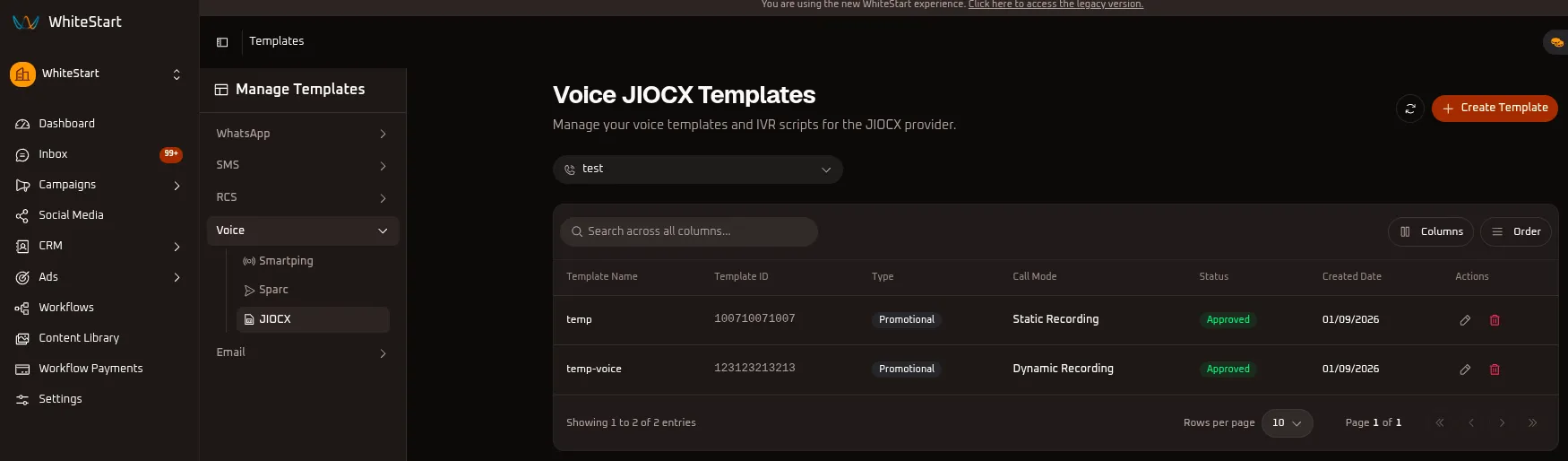 WhiteStart Manage JIOCX Voice Templates Overview