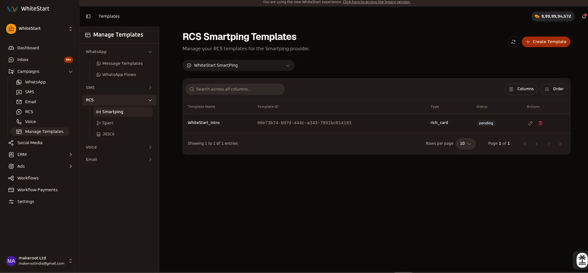 WhiteStart Manage Smartping RCS Templates Overview
