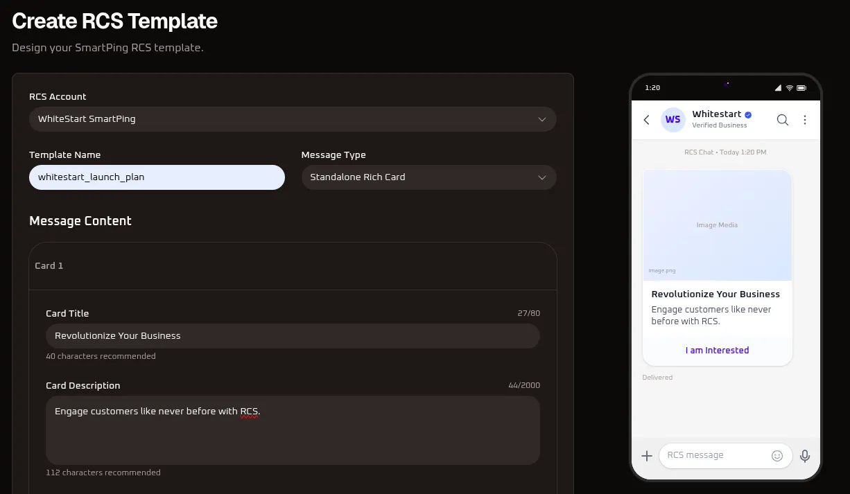 WhiteStart RCS Standalone Rich Card Builder