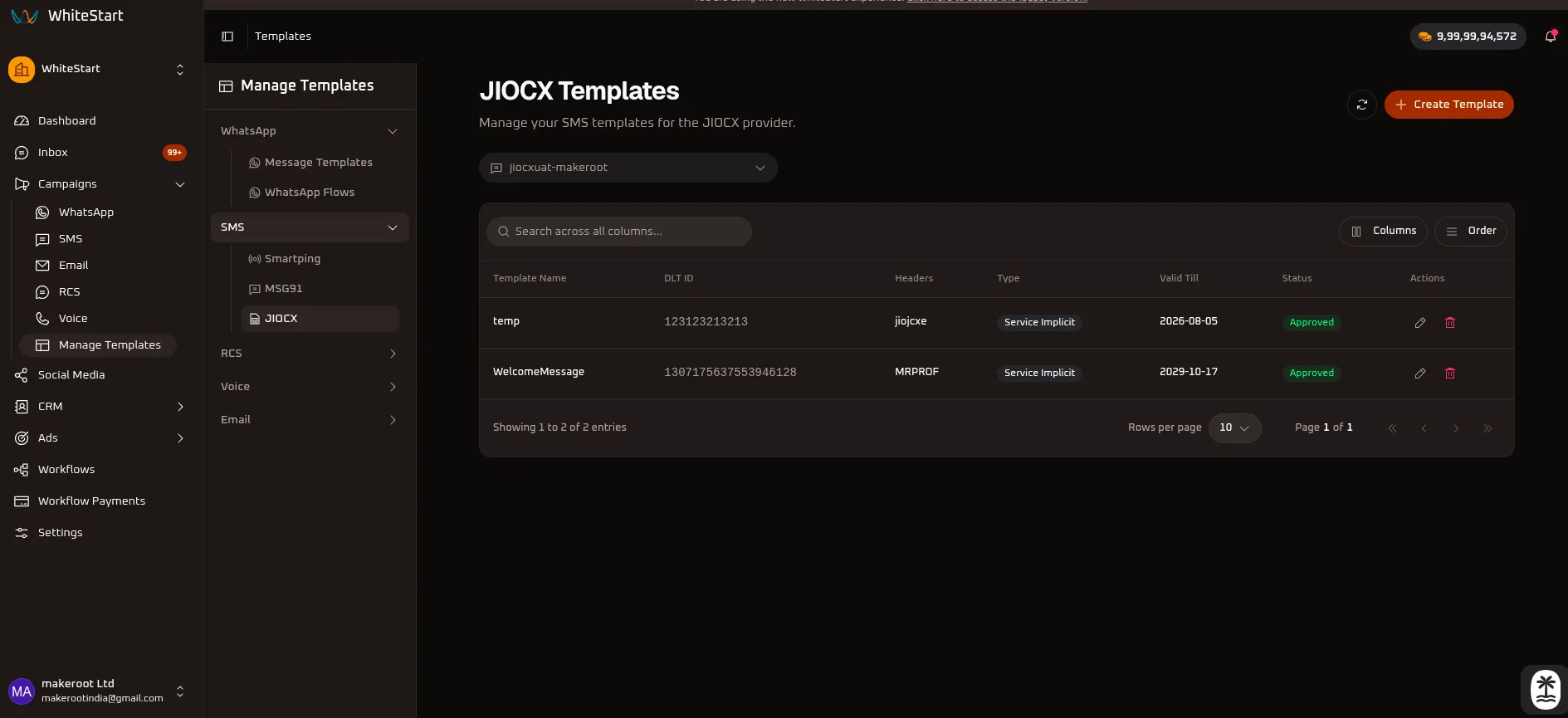 WhiteStart Manage JIOCX SMS Templates Overview
