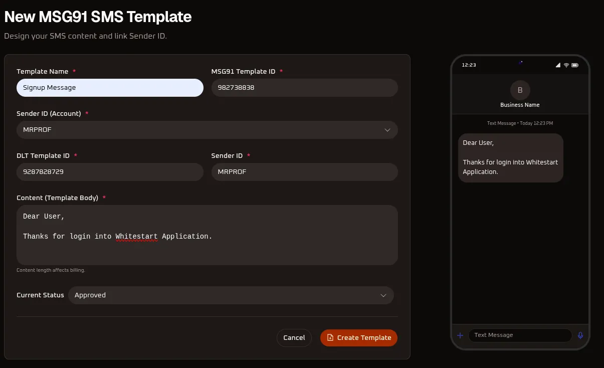WhiteStart New MSG91 SMS Template Modal