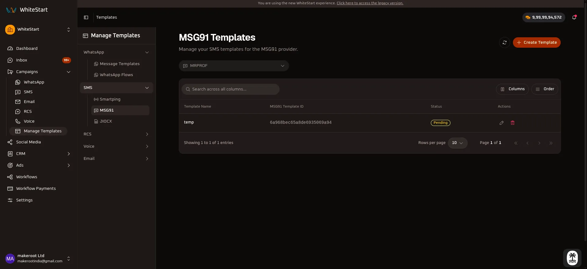 WhiteStart Manage MSG91 SMS Templates Overview