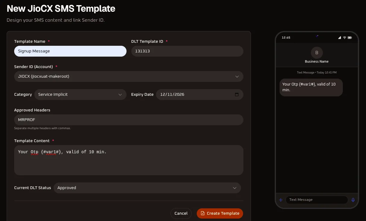 WhiteStart New JioCX SMS Template Modal