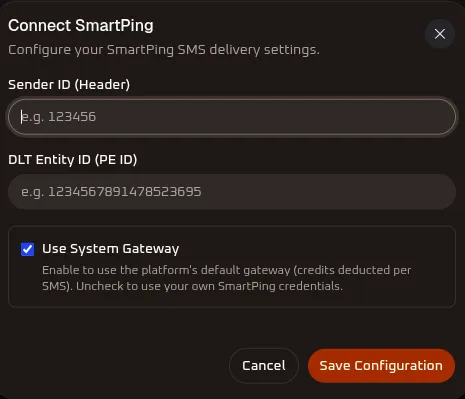 Connect Smartping SMS Modal