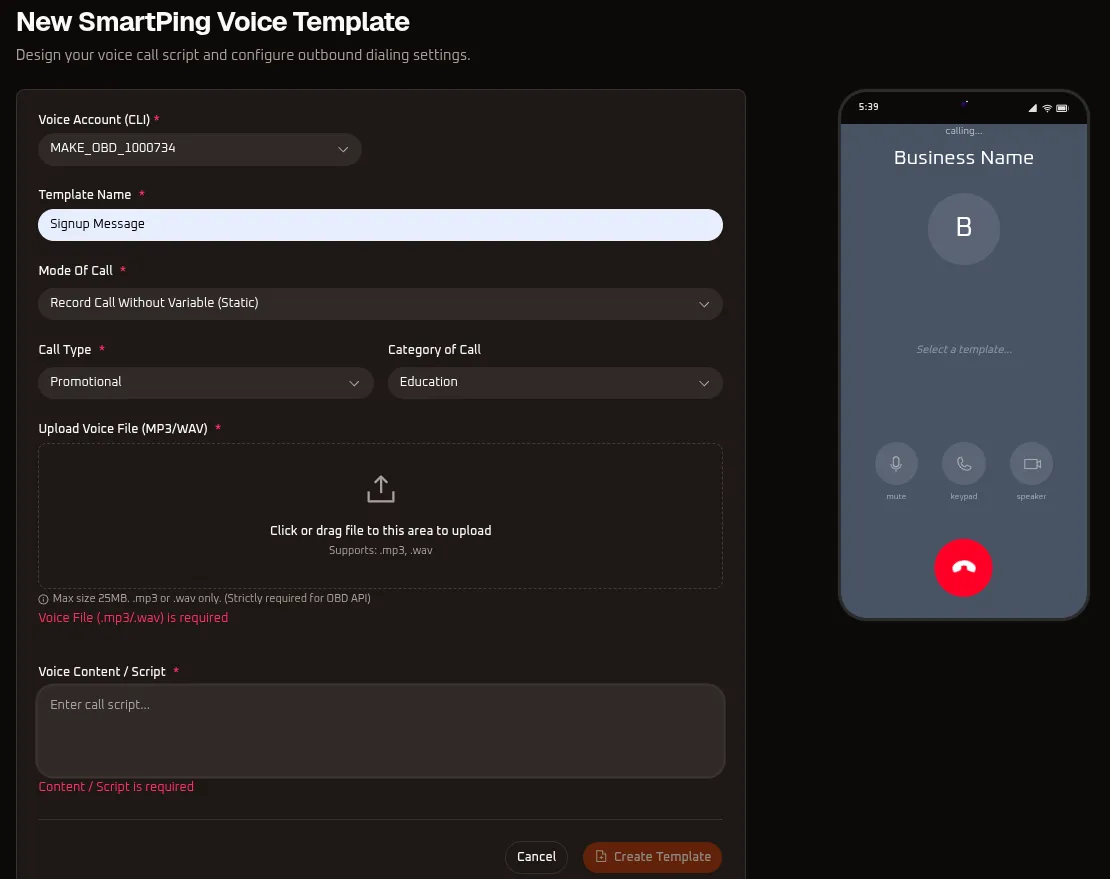 WhiteStart New Smartping Voice Template Builder