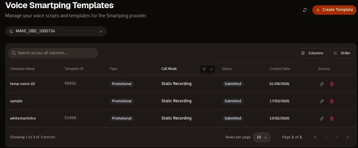WhiteStart Smartping Voice Templates Table