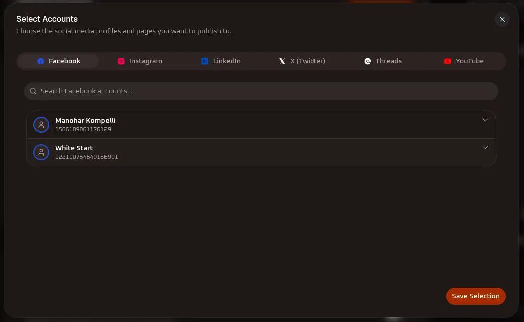WhiteStart Select Social Media Accounts Modal