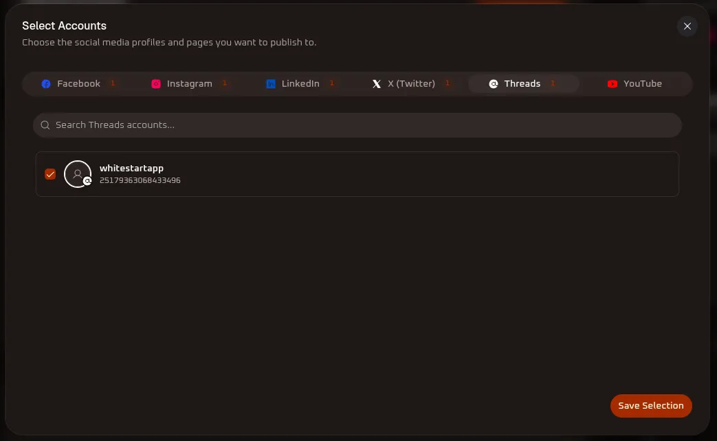 WhiteStart Threads Account Selection
