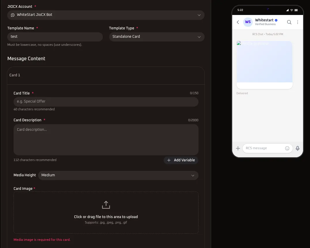 WhiteStart JIOCX RCS Standalone Card Fields
